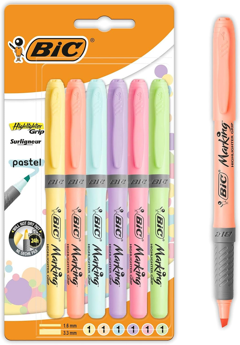 BIC Highlighter Grip Pastel Marcadores De Punta Biselada 6UI