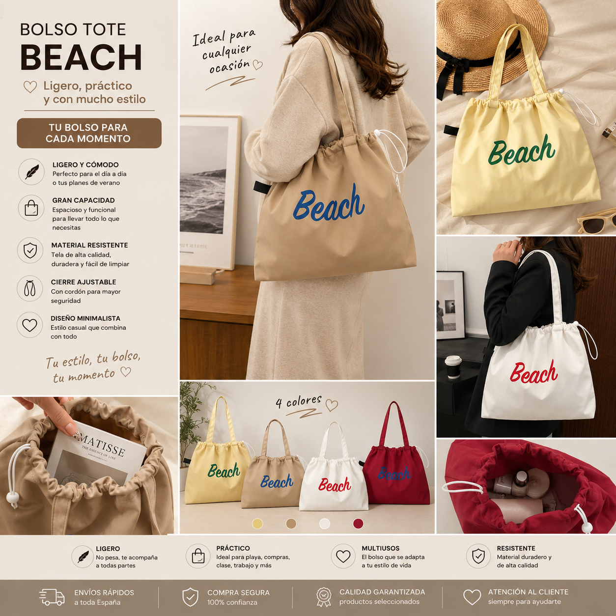 👜 Bolso Tote de Playa para Mujer – Gran Capacidad 👜